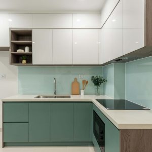 Tủ bếp Lõi MDF, cánh Tủ trên Acrylic - cánh Tủ dưới Laminate CN14